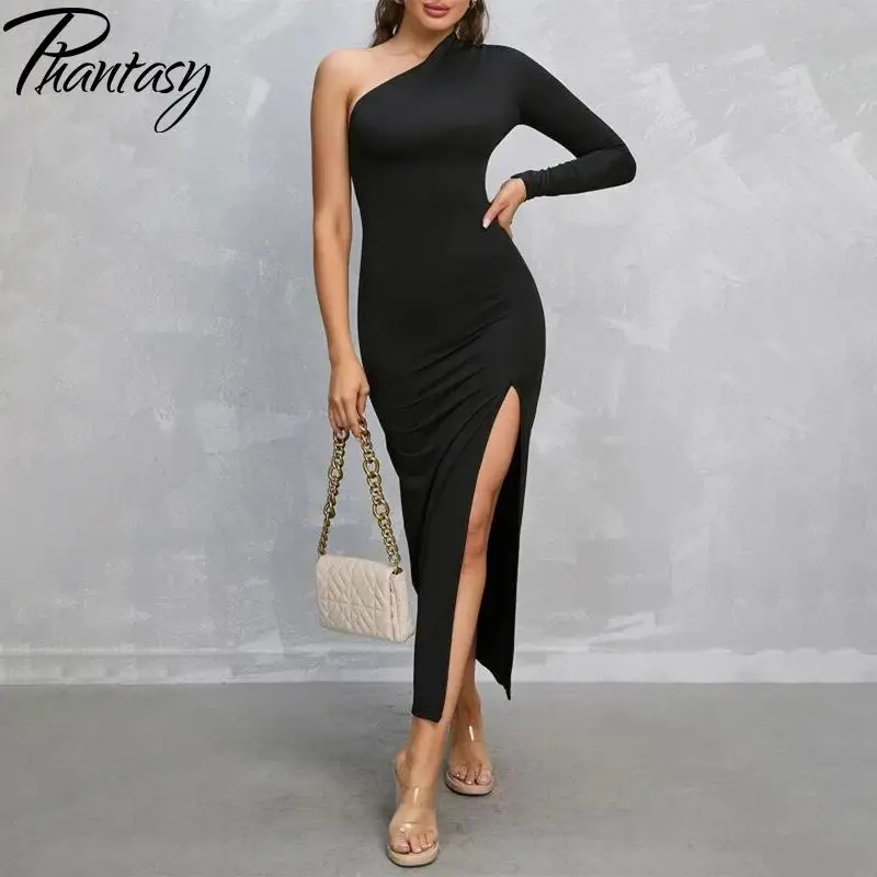 2024 New Diagonal Collar Black Dress Sexy Slit Up Long Dress Party Night Club Outfit Skinny Slim Dress Up Fashion Streetwear