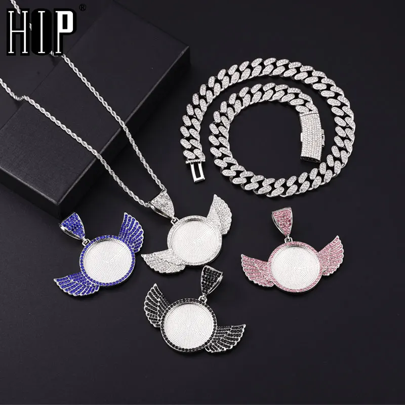 

HipHop Picture Necklace Personalized ,CZ Angel Wings Medallions Customized Photo Memory Pendant Cuban Chain ForMen Women Jewelry