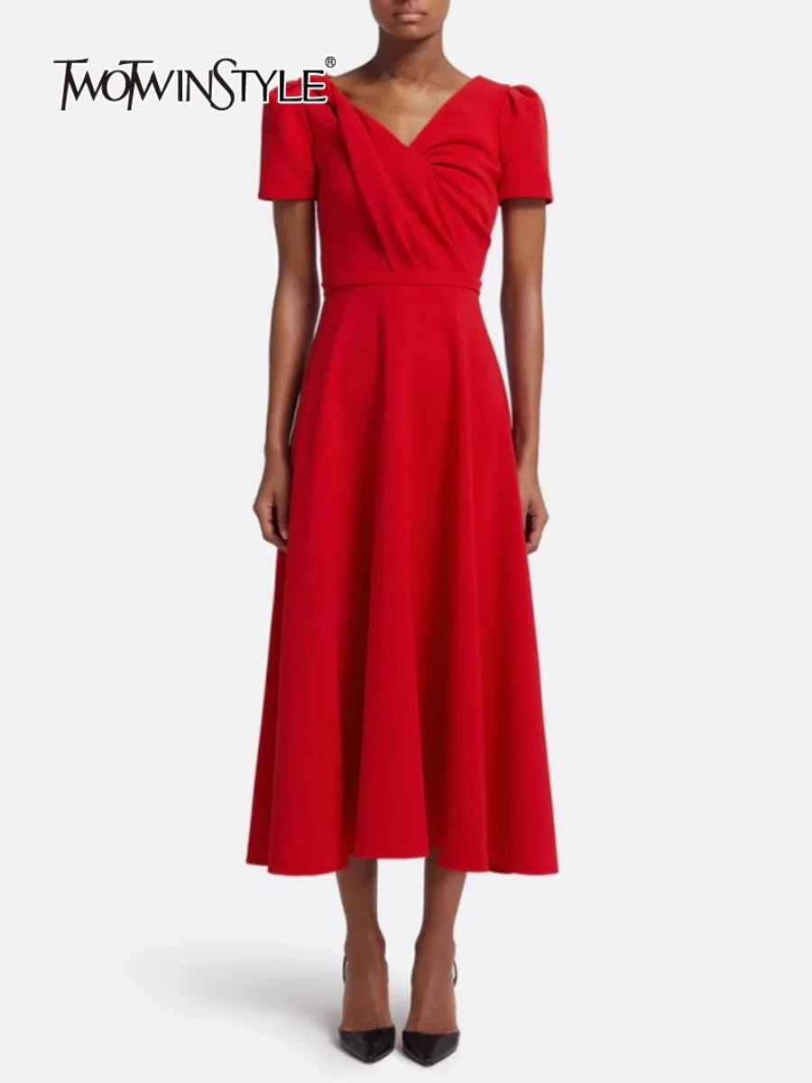 

TWOTWINSTYLE Solid Slimming Elegant Midi Dresses for Women V Neck Short Sleeves Patchwork Folds Dress Female Fashion Clothing