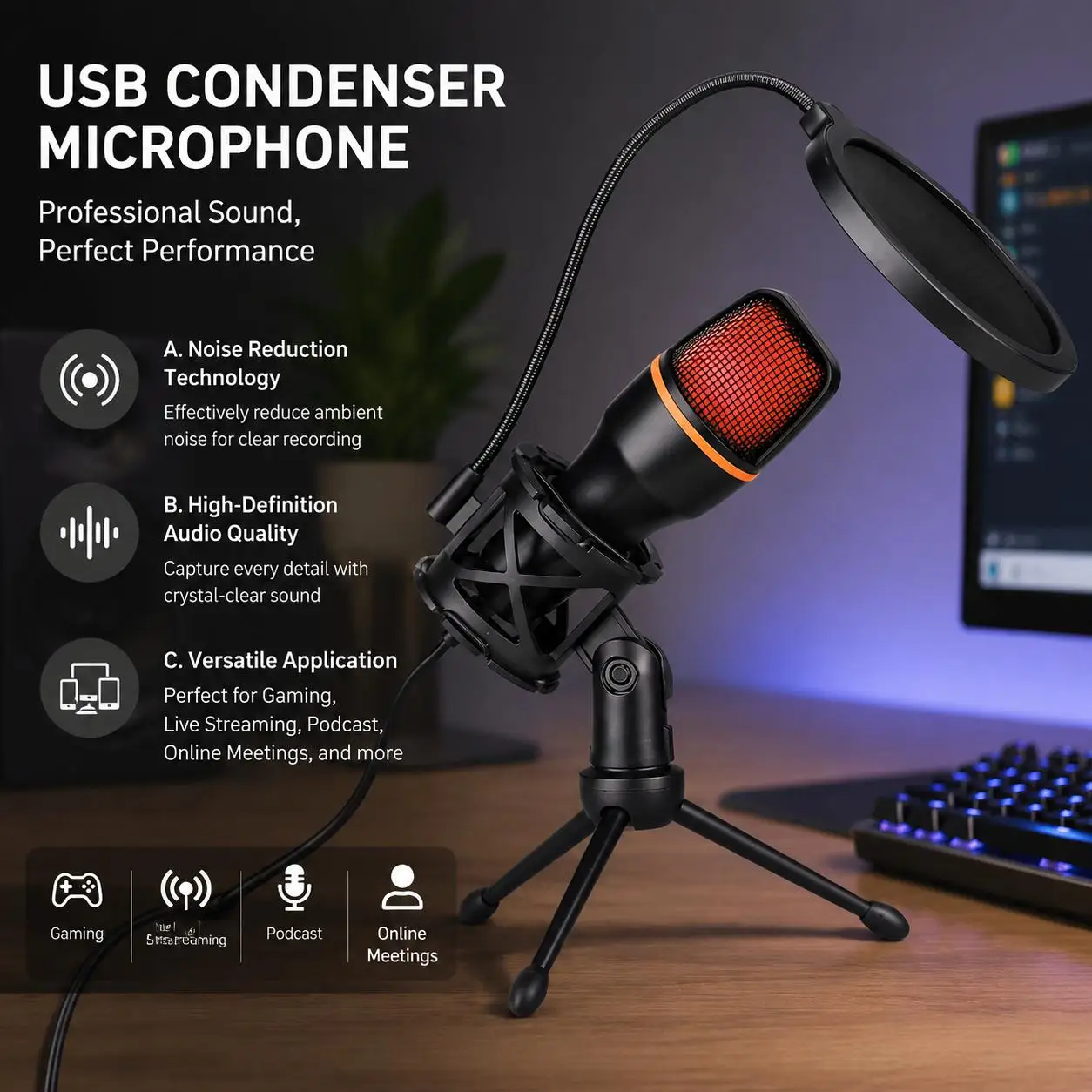 RGB Condenser Microphone Kit with Tripod Stand Professional USB Mic for Gaming Streaming YouTube Podcasts Video Recording Studio Equipment for PC Laptop Mute Button Voice Changer Adjustable RGB Lighting Plug and Play Cardioid
