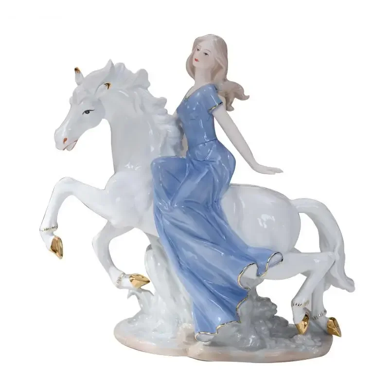 Classical Western Girl Ceramics Portrait Horse Riding Statue Figurines Vintage Home Decor Desk Decoration Porcelain Statuette