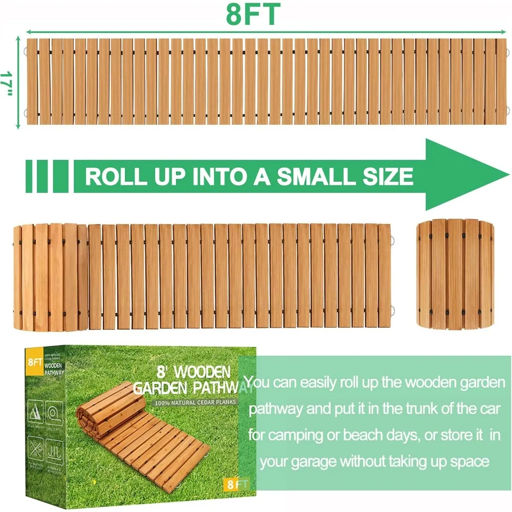 8ft Roll Out Cedar Garden Walkway, Weather-Resistant Wood Pathway for Patio, Lawn, Beach, Wedding Decoration