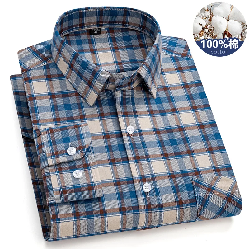 6XL Men\'s long-sleeved shirt with pockets 100% cotton high quality stylish plaid Oxford fabric Breathable no-iron casual