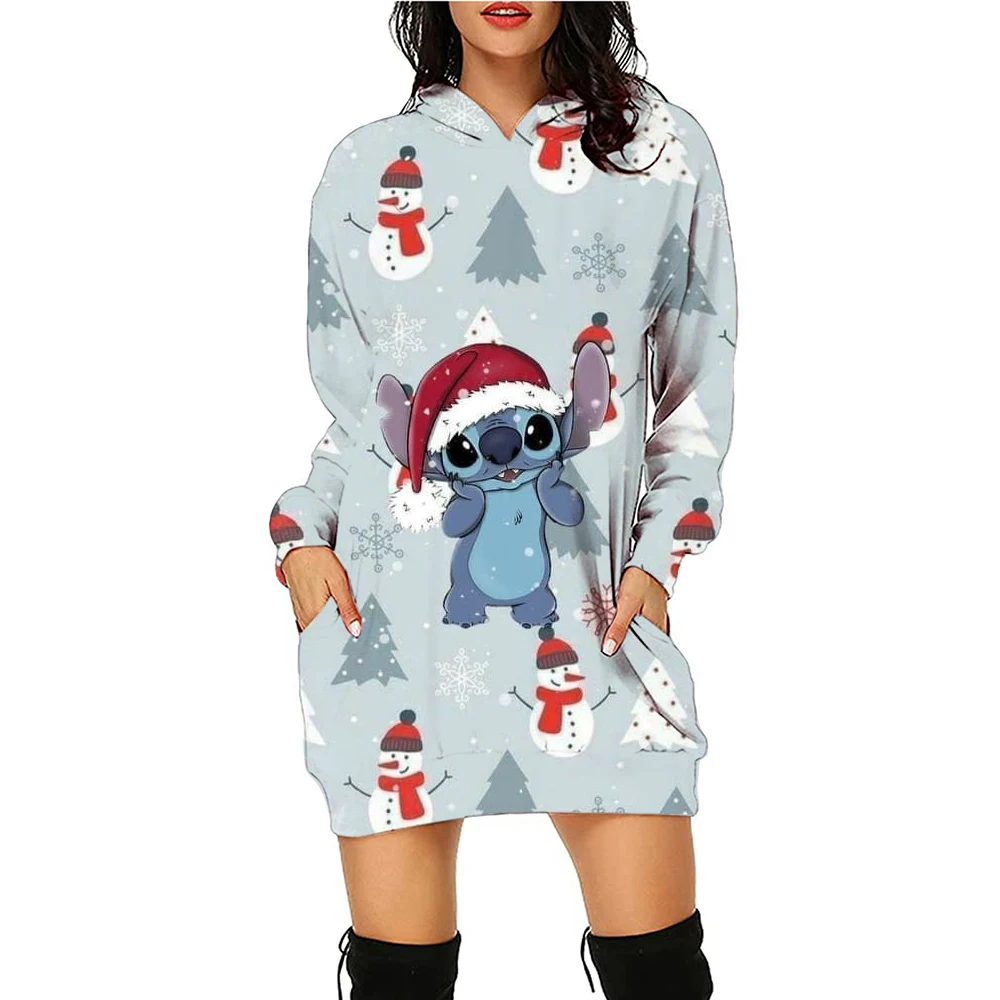 Disney Stitch Kawaii damskie bluzy z kapturem sukienka moda damska wysokiej jakości 2024 Streetwear młodzieńcza kobieta ubrania świąteczne sweter