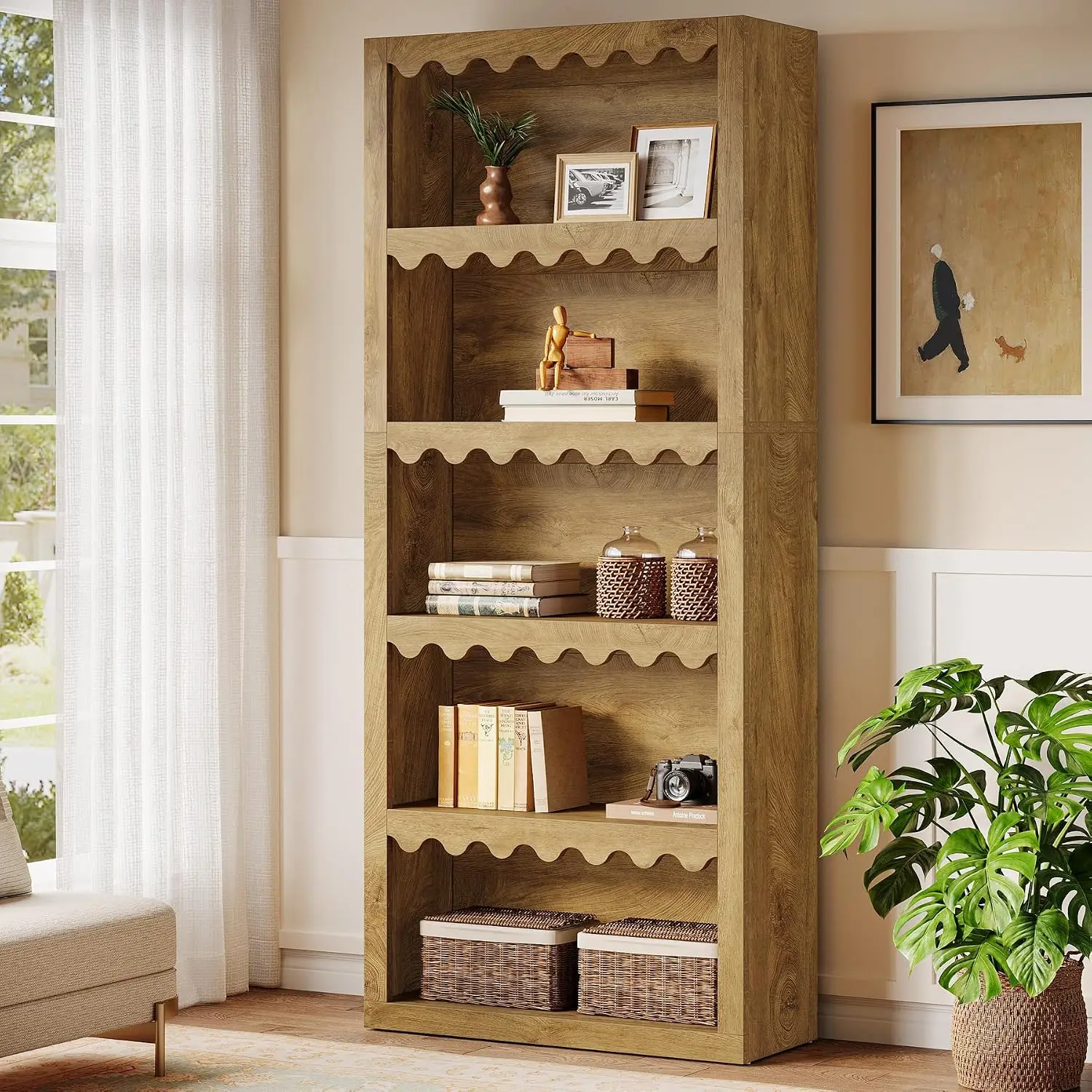 5-Tier Bookcase 70-Inch Bookshelf Scalloped Edges Display Storage Organizer Living Room Home Office Bedroom, Customized