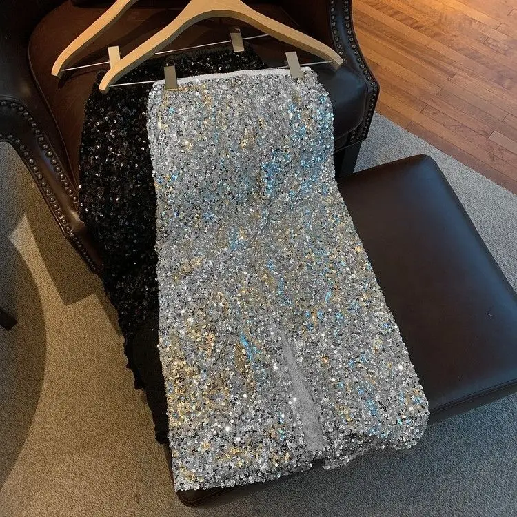 Chic Black And Silver Sequin Midi Skirt Korean Style Юбки Faldas Mujer Jupe Goth Skirt A Line High Юбка