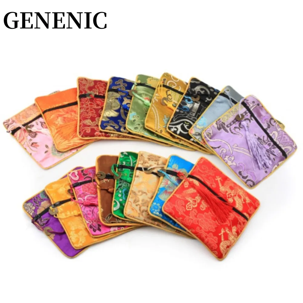 

Chinese Brocade Jewelry Storage Bag Handmade Silk Embroidery Padded Small Zipper Tassel Jewelry Organizer Pouch Satin Gift Bag