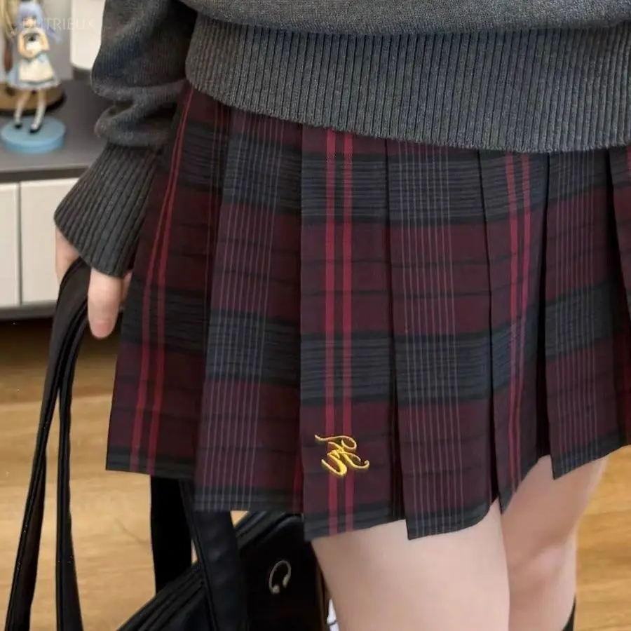 Harajuku JK Red Plaid Kawaii Embroidery Skirts Japan Preppy Style Casual All-match Pleated Short Skirt Y2k Aesthetic Faldas