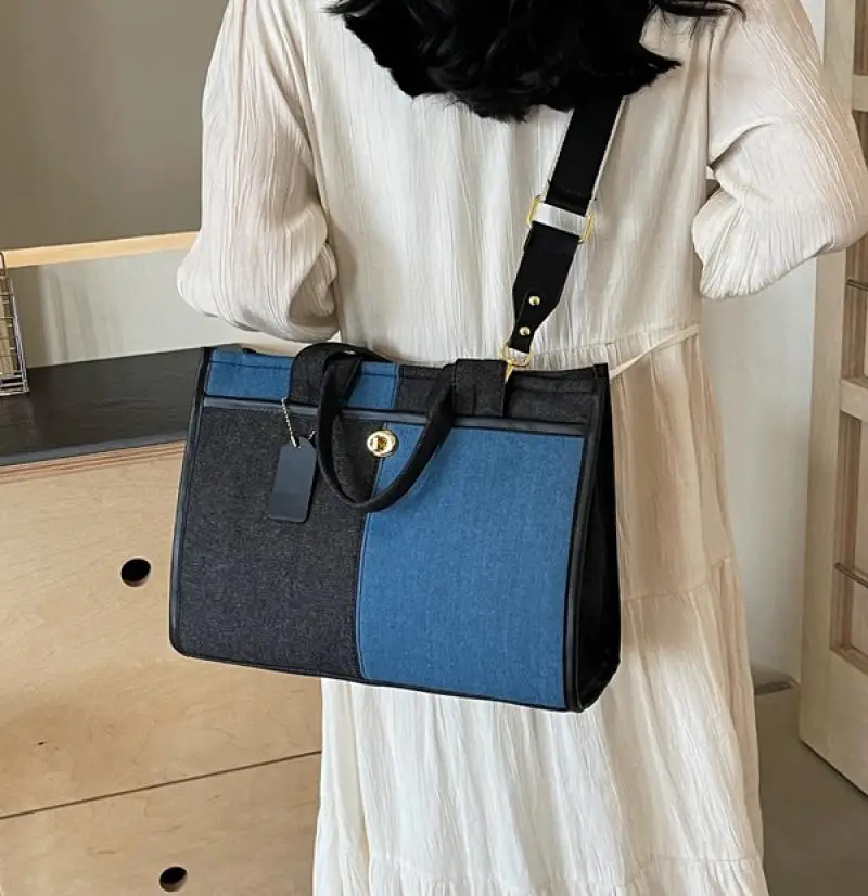 Rectangle Patchwork Crossbody Shoulder Bag Denim Colorblock Casual Minimalism Tote Bag Street Style Large Capacity Women Handbag