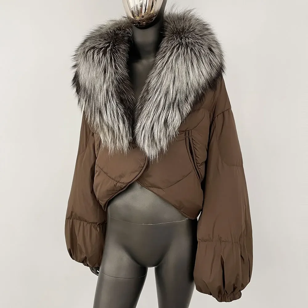 Vrouwen Witte Eend Donsjack Warme Luxe Losse Korte Mode Casual Echte Vos Bontjas Lange Mouw Puffer Jas Winter Vrouwelijke