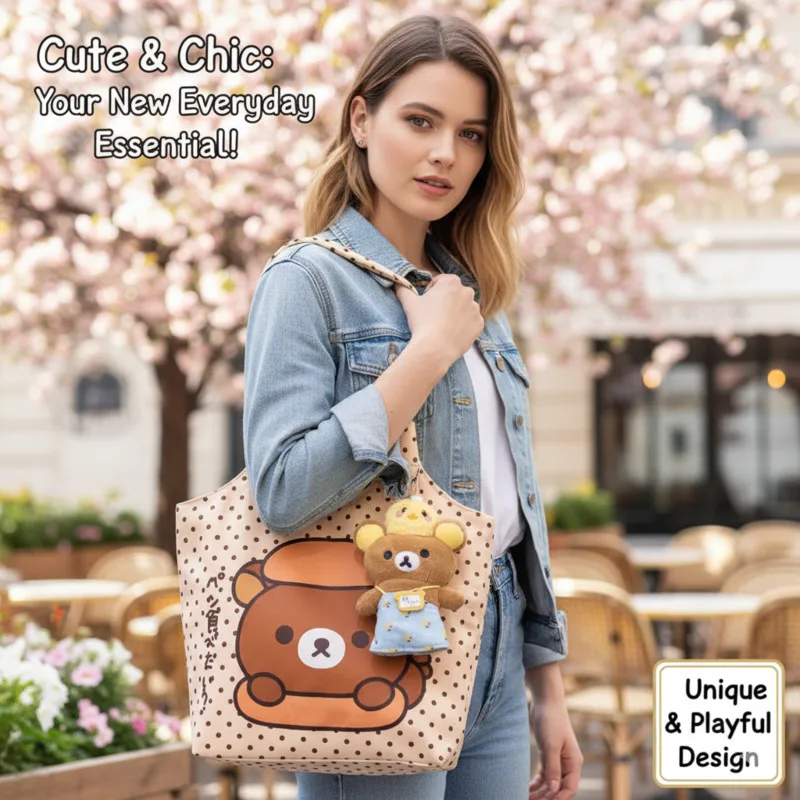 

Rilakkuma Tote Bag Y2K Illustration Polka Dot Printed Cartoon Single Shoulder Student Zipper Commute High Capacity Tote Bag New
