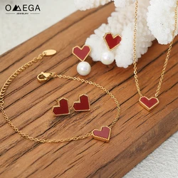 Black White Red Stainless Steel Heart Pendant Necklace Earrings For Women Gold Plated Waterproof No Tarnish Women's Jewelry Set
