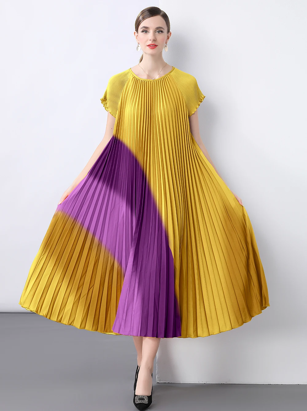 

Miyake Pleated Short Sleeve Vintage Color-blocking Stripes Printed Summer Dress Women O-neck Designer Fashion Plus Size Dress