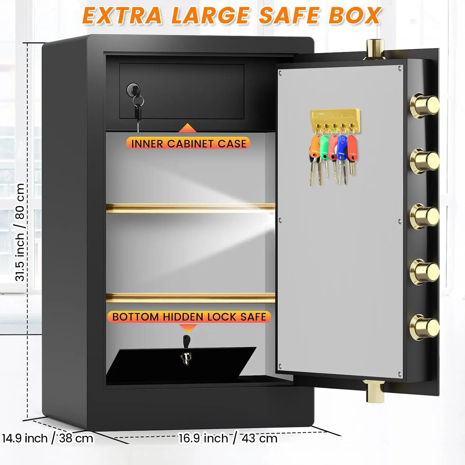 31.5''H Fireproof Safe Box with Hidden Lock Box, 83LBS Large Document Safe with Fireproof Waterproof Bag, Anti-Theft Dual Alarm,