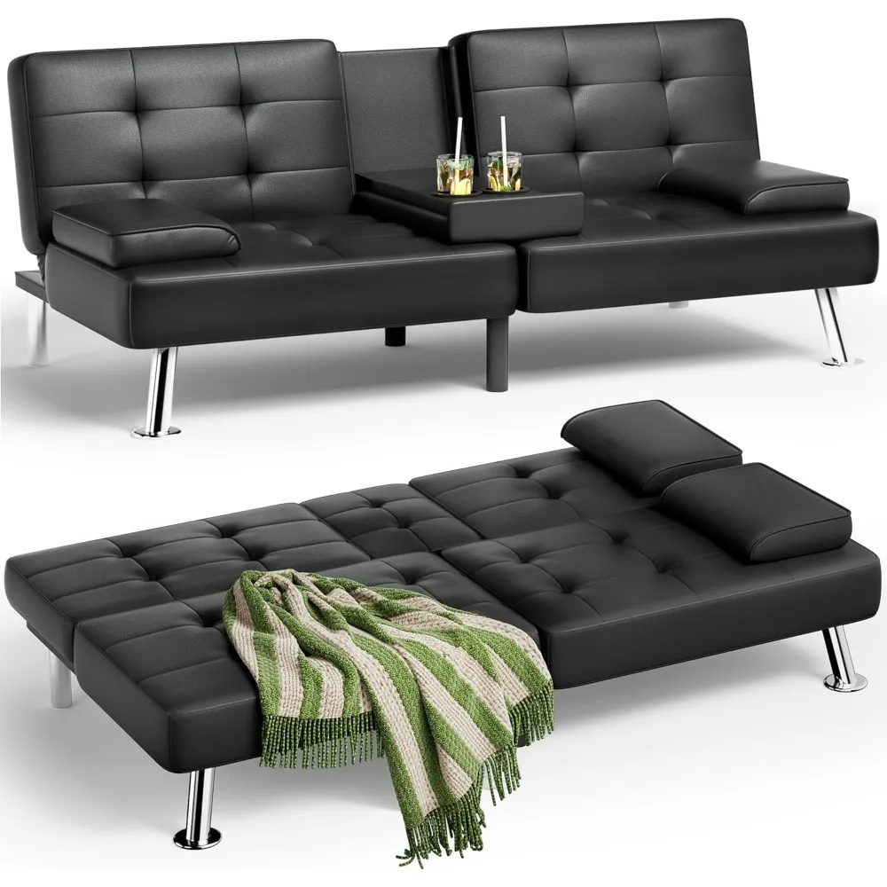 Jummico Faux Leather Futon Sofa Bed Futon Couch with Removable Armrests