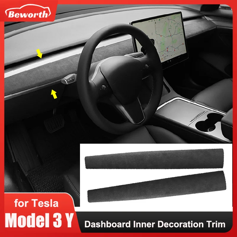 

For Tesla Model 3 Y Dashboard Inner Decoration Trim Alcantara Suede Panel Wood Car Center Console Strip Cover Accessories Wrap