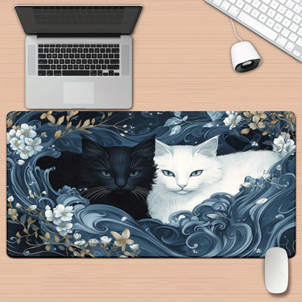 Black and White Cats Mystical Dark Blue Floral Extended Gaming Mouse Pad Non-Slip Rubber Desk Mat