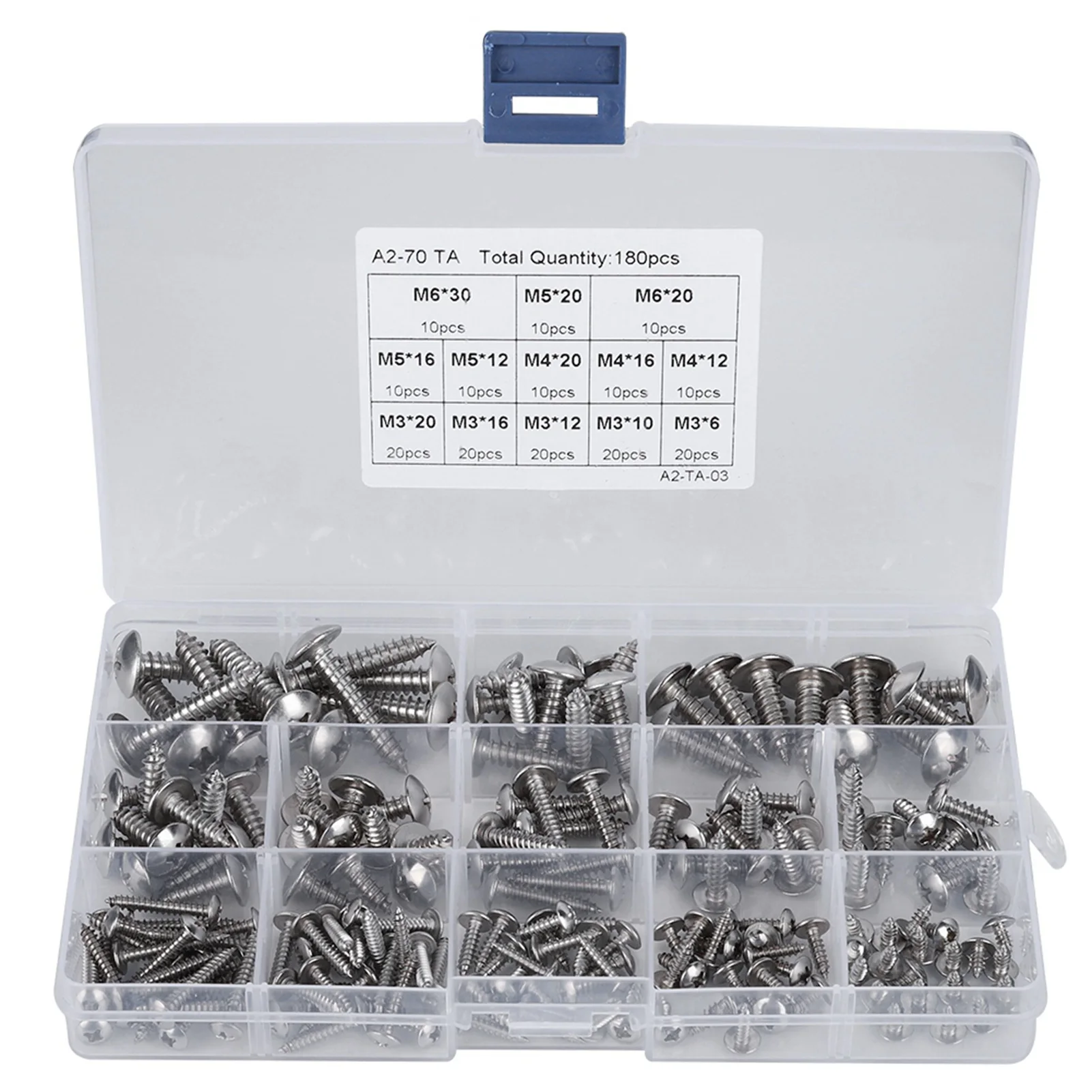 180Pcs M3 M4 M5 M6 Stainless Steel Self Tapping Screws Assortment Set With A Transparent Storage Box For Multiple Purpose