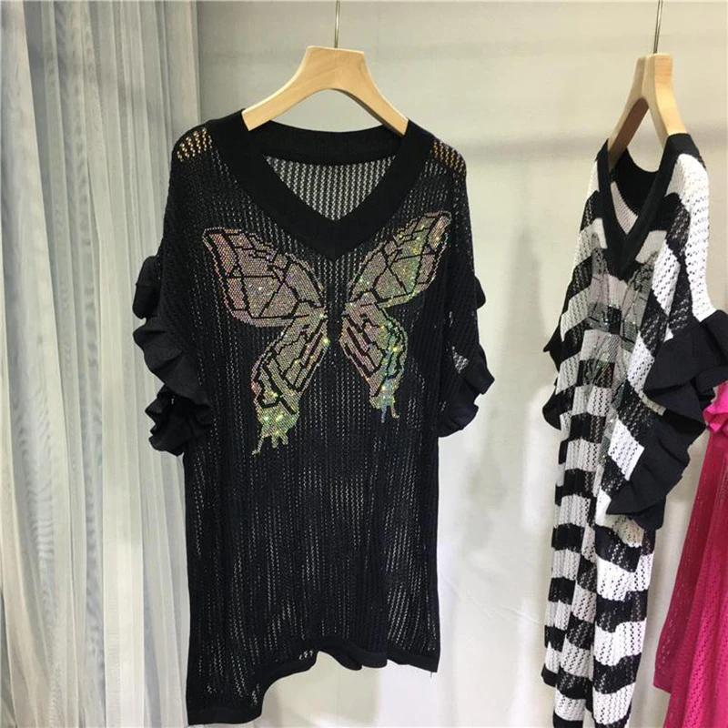 Fashion Hollow Out Diamonds Butterfly Sleeve Blouses Women's Clothing 2024 Summer New Loose Knitted All-match Tops Casual Shirts