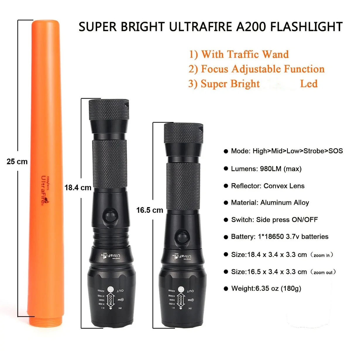 UltraFire A200 Zoom Flashlight with Traffic Wand 1000 Lumens Super Bright LED Light Safety Command Multi Purpose 18650/AAA Torch