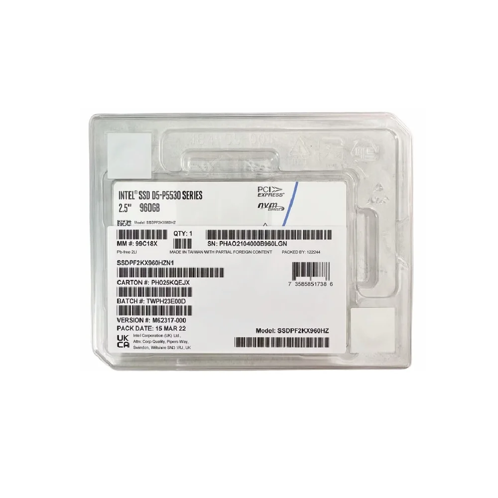 

Новый твердотельный накопитель D5-P5530 960 ГБ SFF NVME U.2 PCIE 4.0 SSDPF2KX960HZN1 128 слоев TLC 3D NAND для сервера