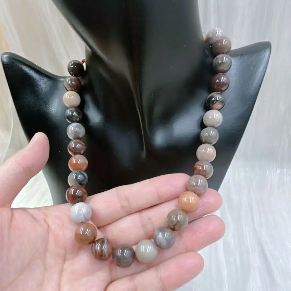 12mm Genuine Natural Stone Wood Fossil Jasper Charm Round Vintage Beads Jewelry Energy Lucky Necklace 17-20inch