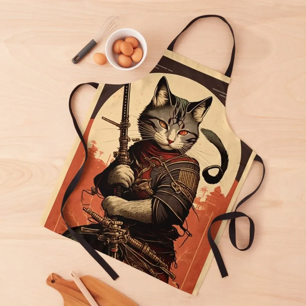 Samurai cat holding a katana vintage poster - bushi brawlers Apron japanese woman Kitchen Apras For Women Apron