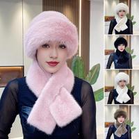 2 Pcs/Set Women Winter Hat Scarf Set Fuzzy Plush Heat Retention Cross Neck Wrap Dome Faux Fur Fisherman Hat Outdoor Cap 따뜻한 모자