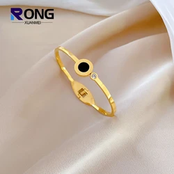 Fashion Stainless Steel Roman Numerals Bangles For Women Simple Geometry Gold Color Metal Bracelets Trendy Wedding Jewelry