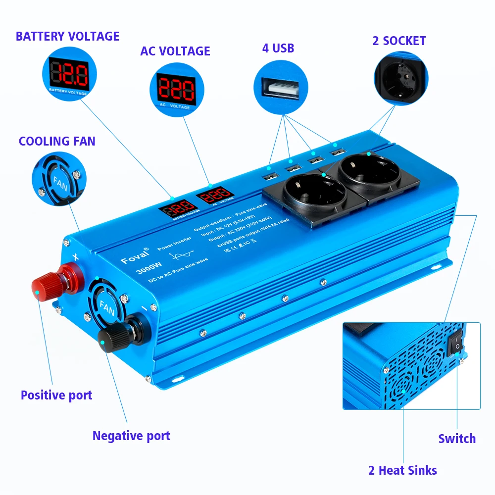 Reiner Sinus-Wechselrichter DC 12 V zu AC 220 V 230 V 1500 W/2200 W/2600 W Spannungsübertragungswandler Universal EU-Buchse Autozubehör – Detail 12