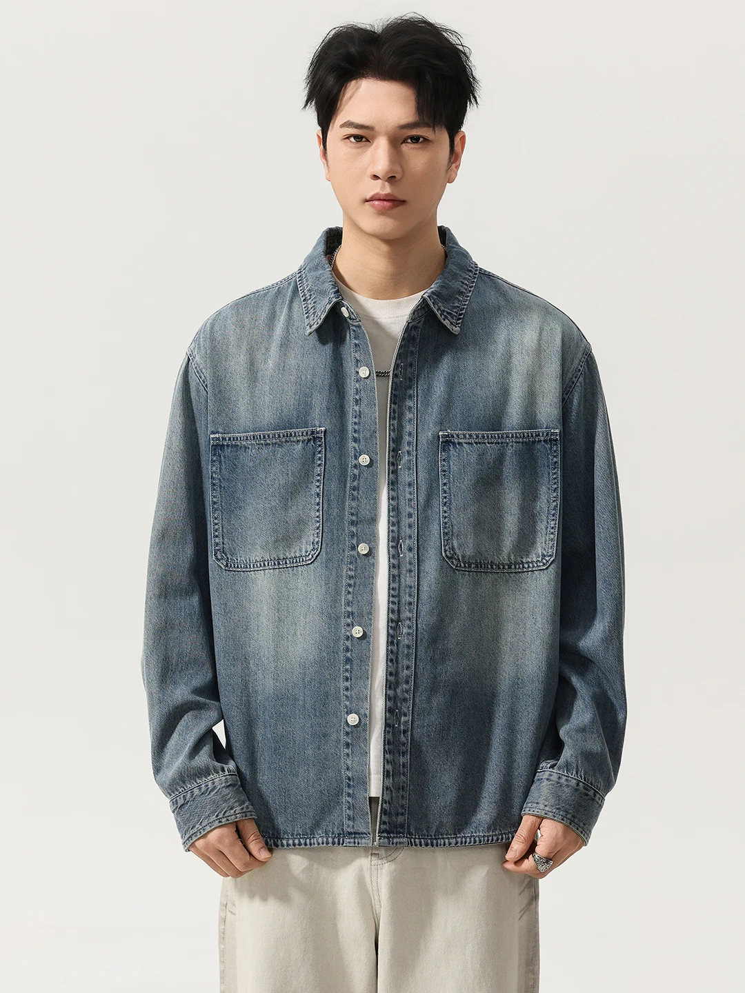 

Waed Distred American High-end Cotton Denim irt Men's Loose Workwear Coat Spring 2026 Youth ular Pure Color