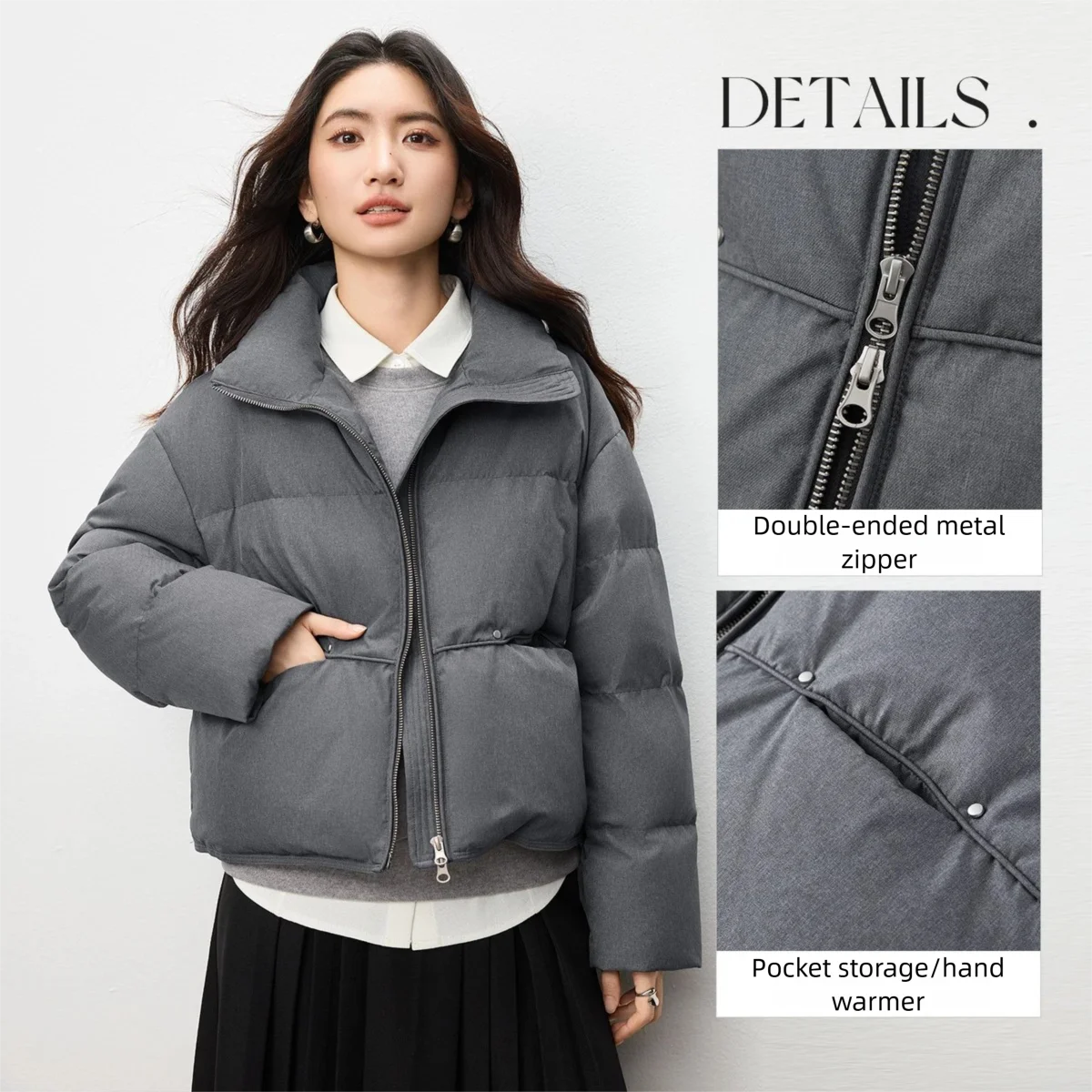 SENTUBILA Women's Down Jacket 2025 Winter Stand Collar Short Down Coats Double-Zipper Pockets Outerwear Female Clothes W54YC2653