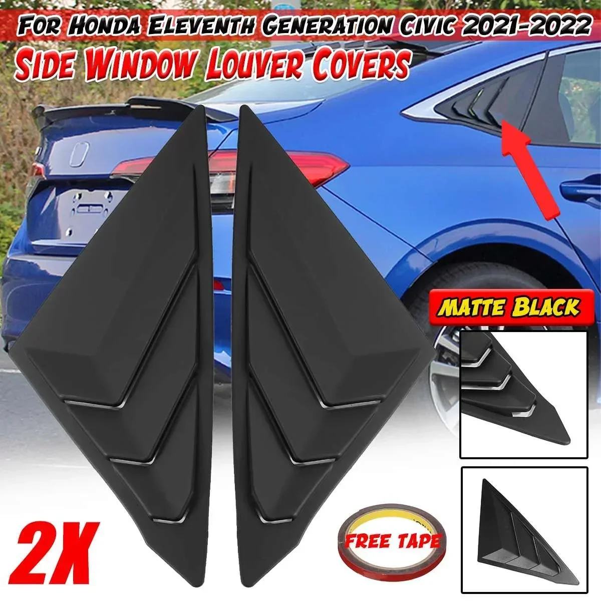 2pcs Car Rear Side Window Louver Covers Vents Trim Window Shade For Honda For Civic 11th Eleventh Generation 2021-2022 Body Kit