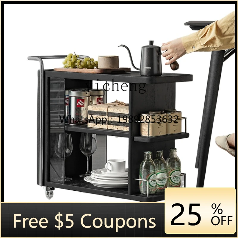 

ZZk Removable Side Table Black Solid Wood Coffee Table with Wheels Tea Cart Sofa Tea Table