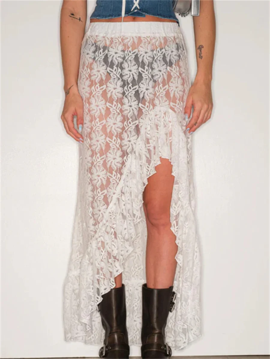 Women Sheer Mesh Y2k Lace Skirt See Through Vintage Fairy Grunge Lace Floral Ruffle Irregular Hem Maxi Skirt Trendy Streetwear