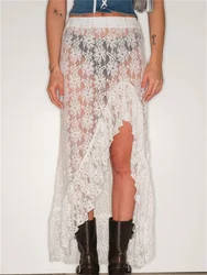 Women Sheer Mesh Y2k Lace Skirt See Through Vintage Fairy Grunge Lace Floral Ruffle Irregular Hem Maxi Skirt Trendy Streetwear