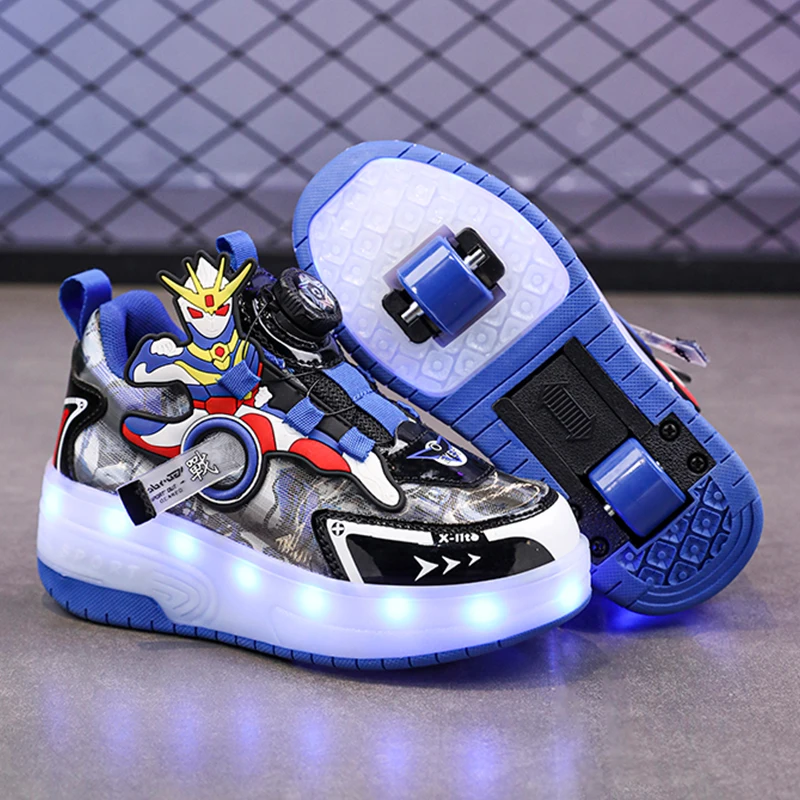 Children's Sports Shoes Rotating Button LED Light USB Charging Roller Skating Breathable Luxury Kids Luminous Training Shoes