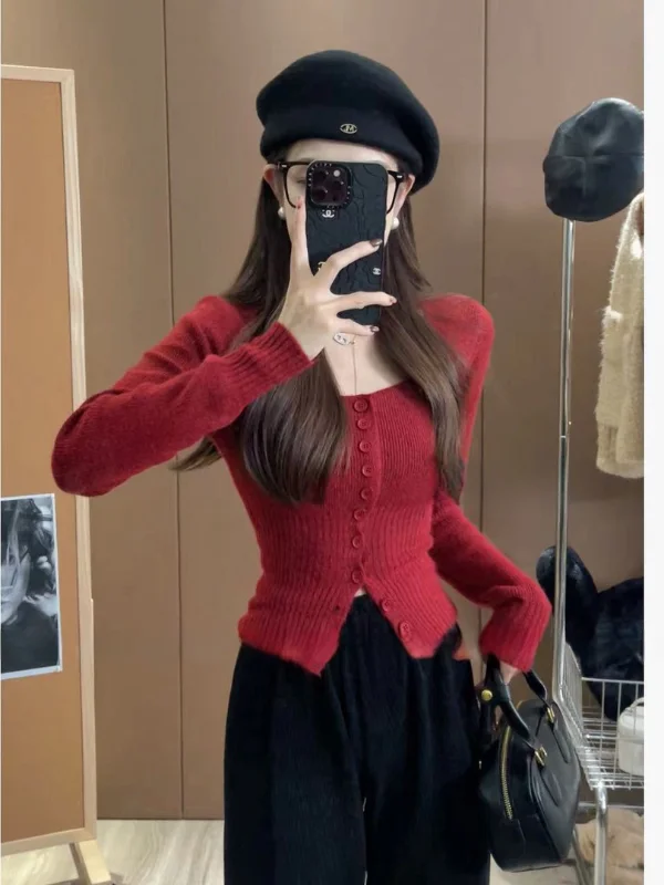 

ay Вязаный свитер ort Sve Корейский женский свитер с квадратным воротником ранней осени Slim Fit Base irt ort Top