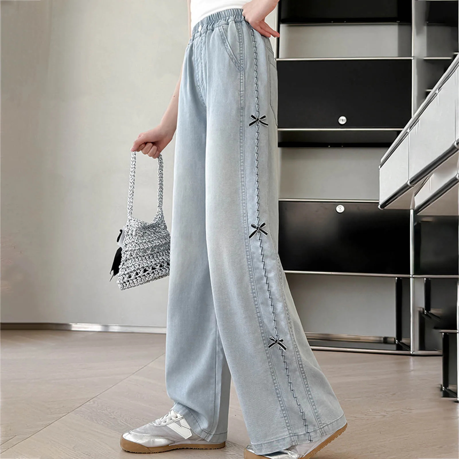 

6t Girls Fall Clothes Girls Sweet Bow Tie Wide Leg Pants Fashionable And Versatile Straight Leg Bottom Pants for Teen Girls