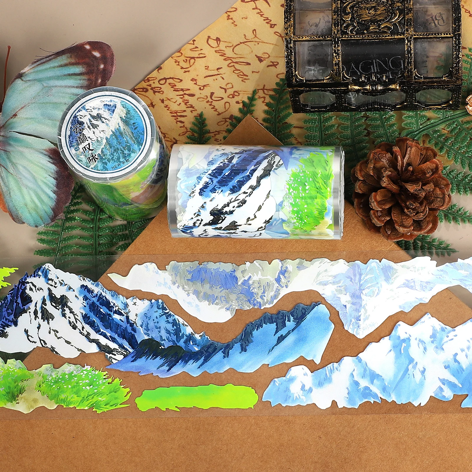 เทป PET ลายภูเขาหิมะและต้นไม้สไตล์วินเทจ ขนาด 70 มม.*5.2 ม. สำหรับงาน DIY สร้างสรรค์ วัสดุตกแต่งสมุดบันทึก คอลลาจ และงานศิลปะ