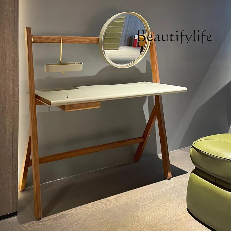 

Minimalist solid wood dresser high-end saddle leather multi-functional light luxury simple flip mirror makeup table