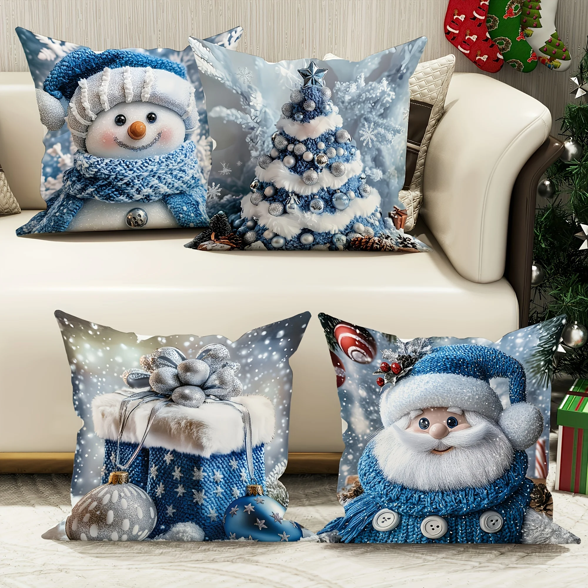 4pcs Christmas Pillow Covers – Blue Snowman, Santa & Tree Design, No Insert, for Sofa, Living Room & Bedroom Decor