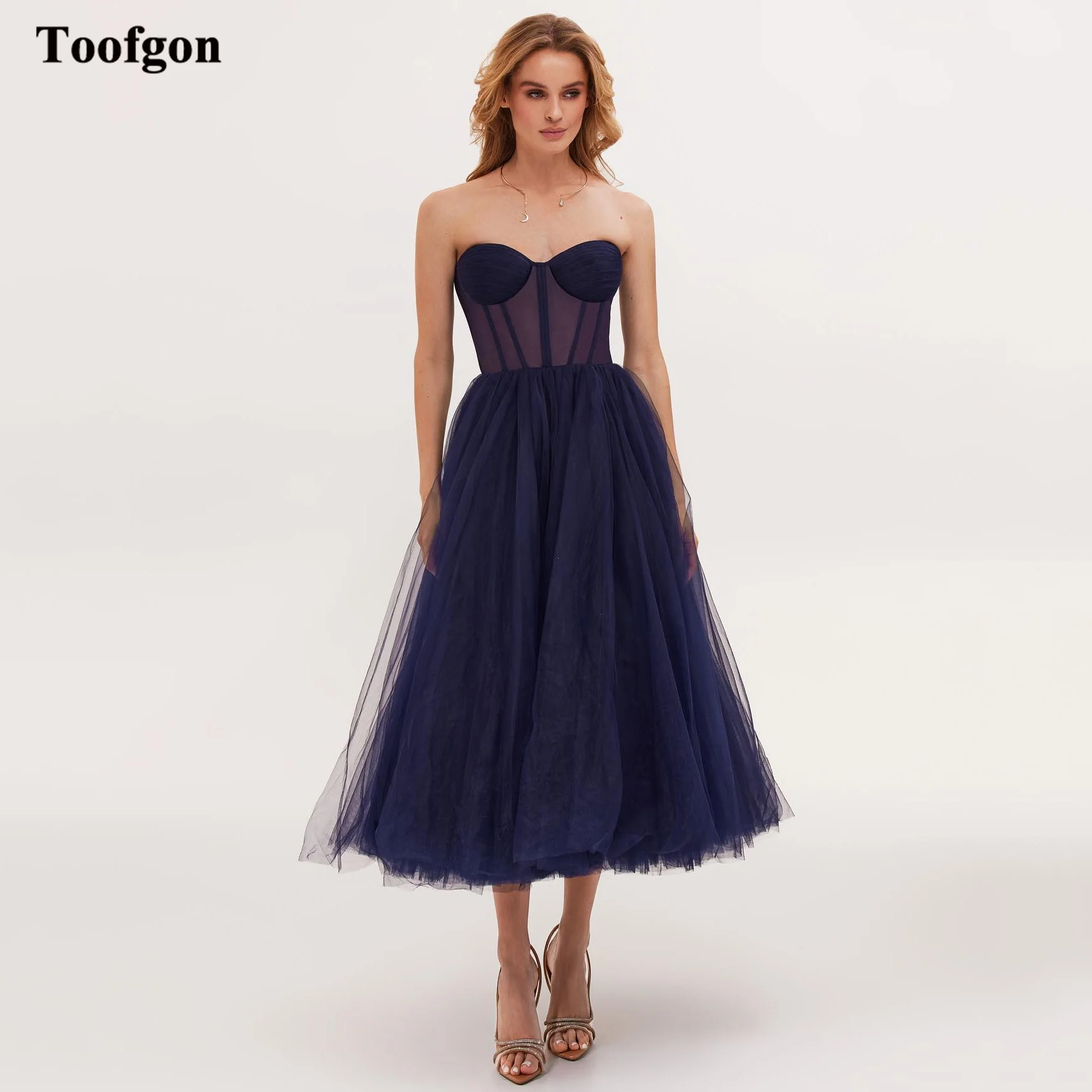 

Toofgon Navy Blue Customized Tulle Formal Party Dresses Lace Up Girl Graduation Dance Gowns Tea Length Midi Special Prom Dress