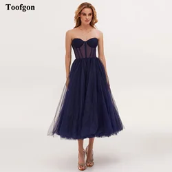 Toofgon Navy Blue A Line Tulle Formal Party Dresses Lace Up Girl Graduation Dance Gowns Tea Length Midi Special Prom Dress 2024