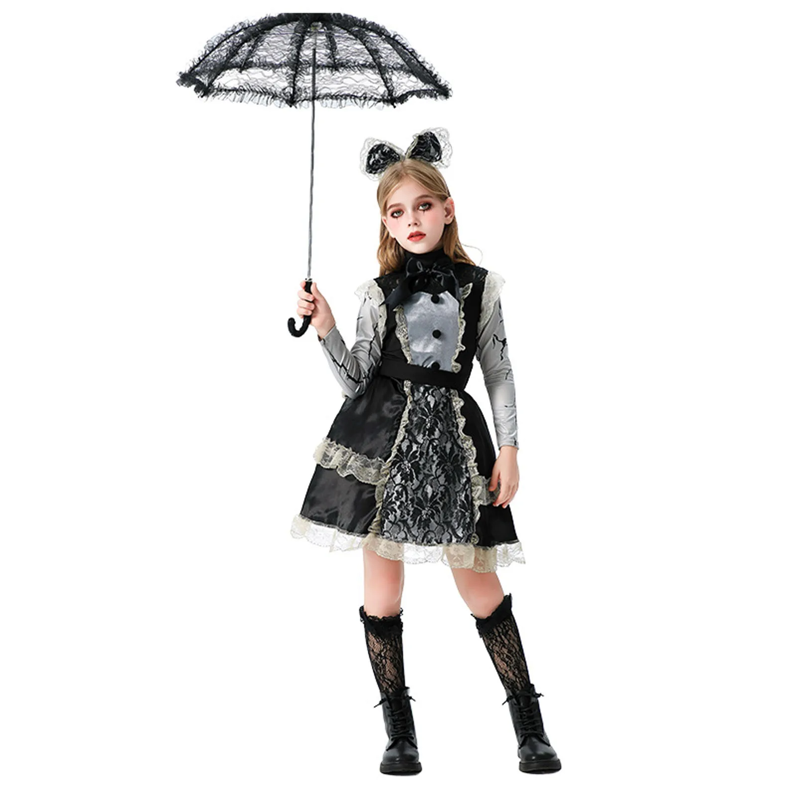 

‌Gothic Lace Clown Dress Kids Halloween Costume Elegant Black Ruffled Party Outfit Spooky Carnival Attire for Girls