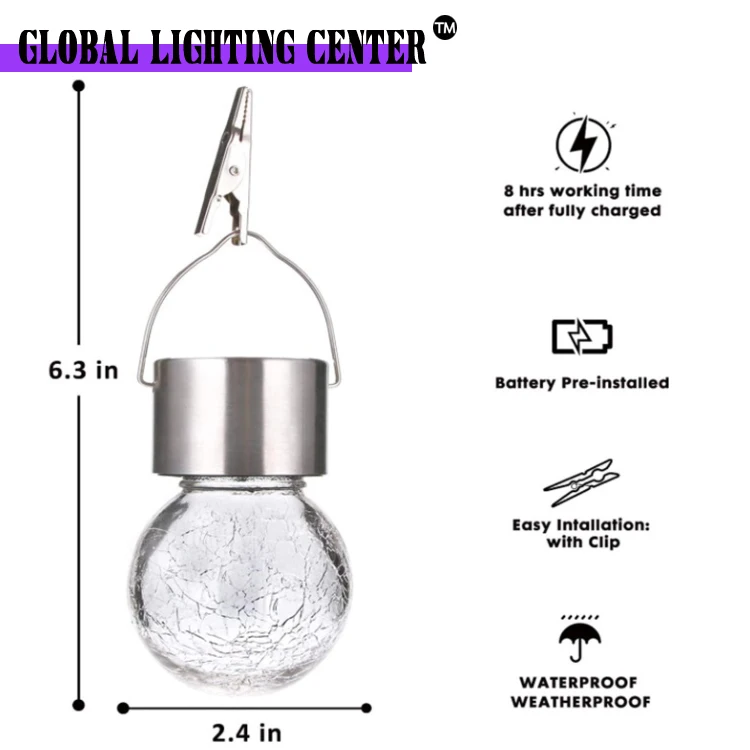 Solar LED-kroonluchter Creatief glas gebarsten balpatroon Binnenplaatslicht Gazon Kersttuindecoratie Buitenboomlicht