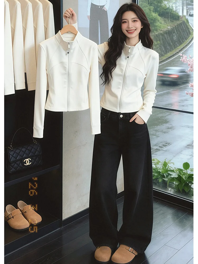 Slim Fit Sporty Casual Zipper Open Cardigan Women's White Stand Collar Fishbone Design Sweatshirt Spring Autumn New Style Trendy