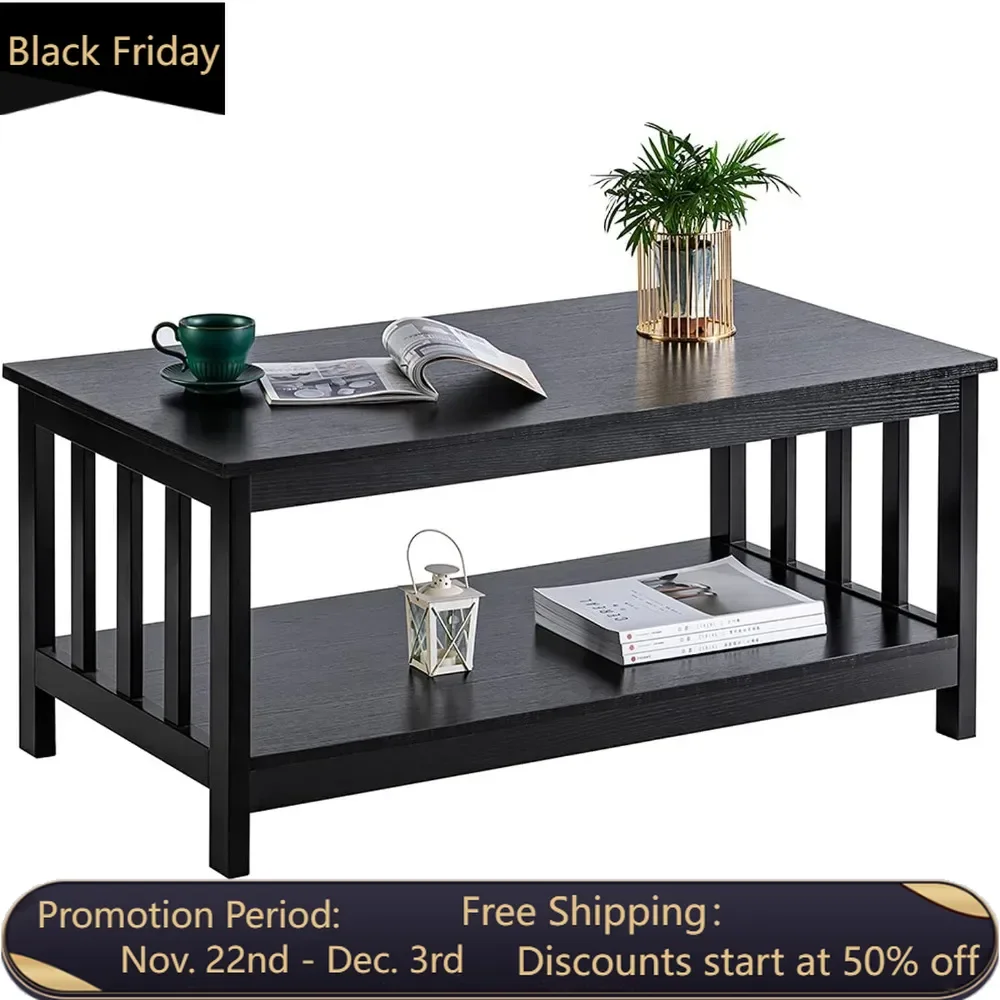 Black rectangular coffee table, wooden living room table with shelves