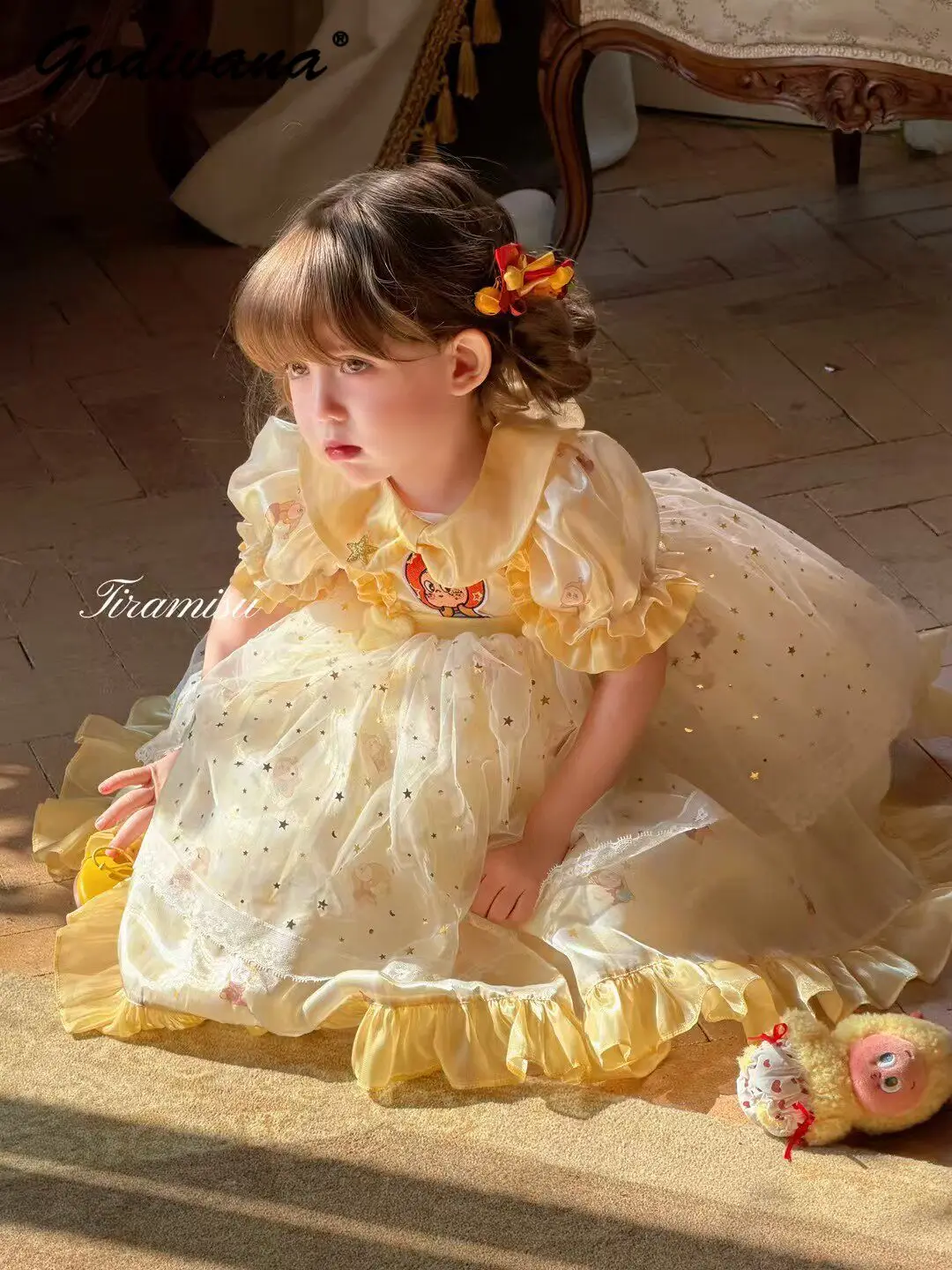 Sweet Baby Girls Lolita Princess Dress 2026 New Summer Kids Puff Sleeve Cute Star Sequined Doll Collar Ruffle Trim Mesh Dress