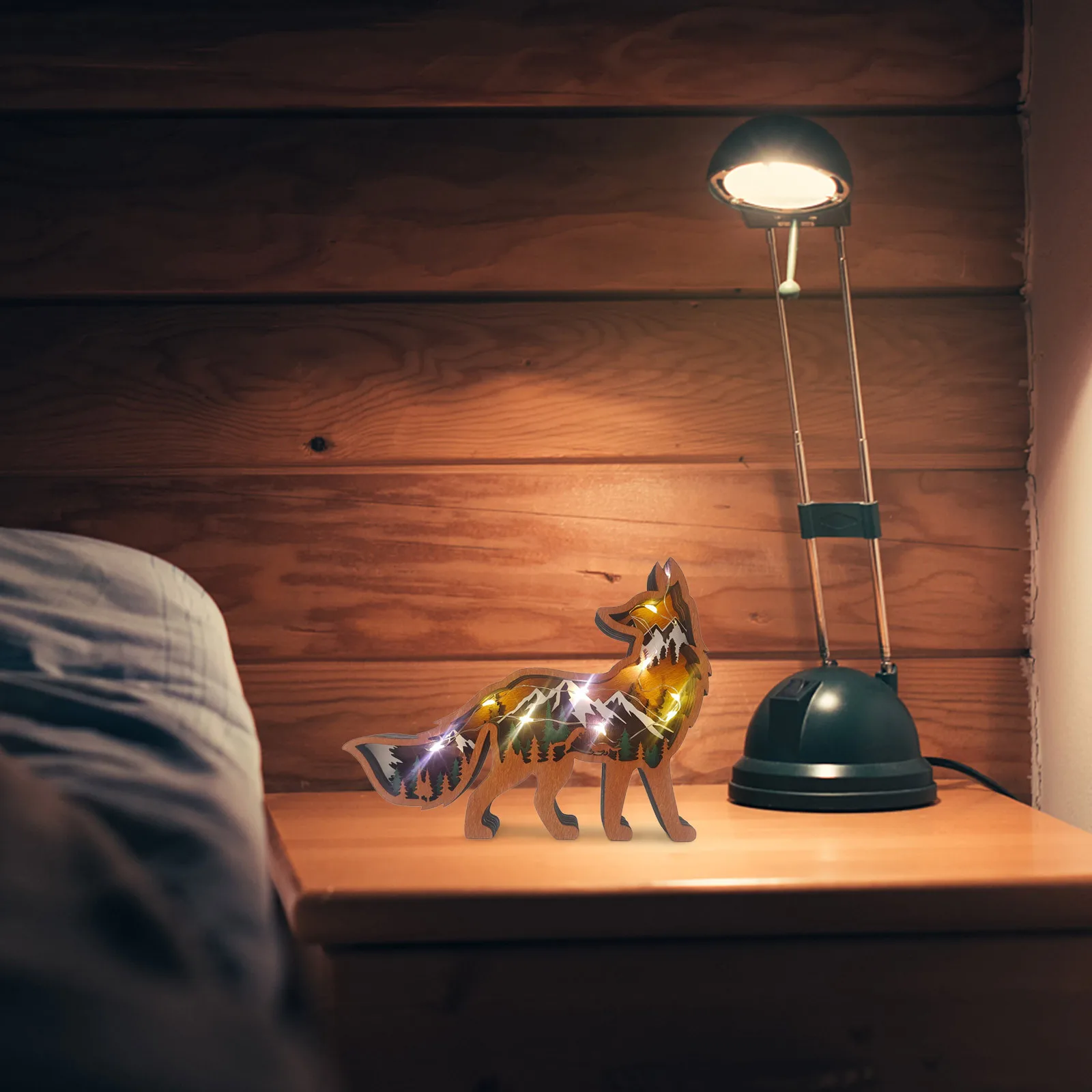 Creative Fox Carved Wooden Miniatures Model Animal Statues With LED Carving Fox Wooden Crafts Christmas Gifts For Home Decor image 4
